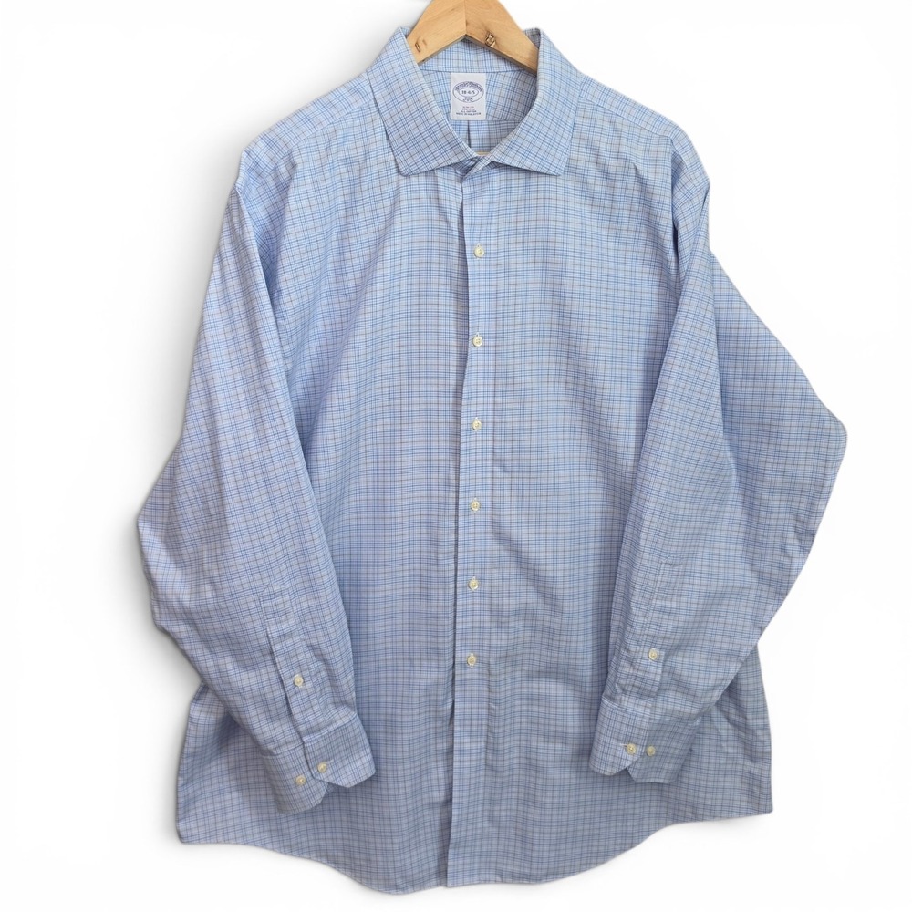 Brooks Brothers Dress Shirt Mens 18 4/5 Blue Plaid Button Slim Fit Non Iron